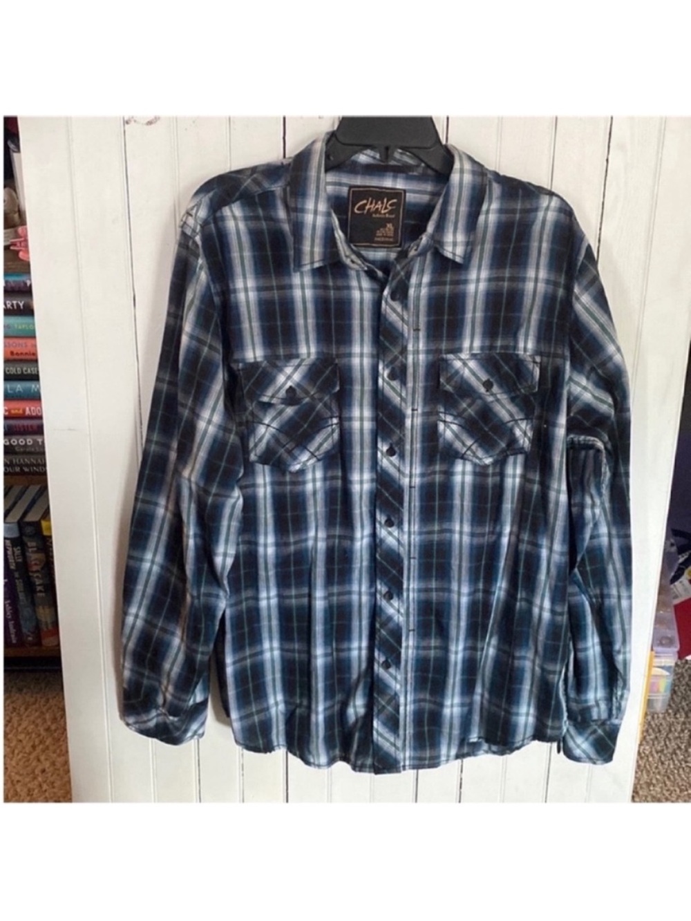 CHALC Button Down Shirt Black Blue Plaid Size XL